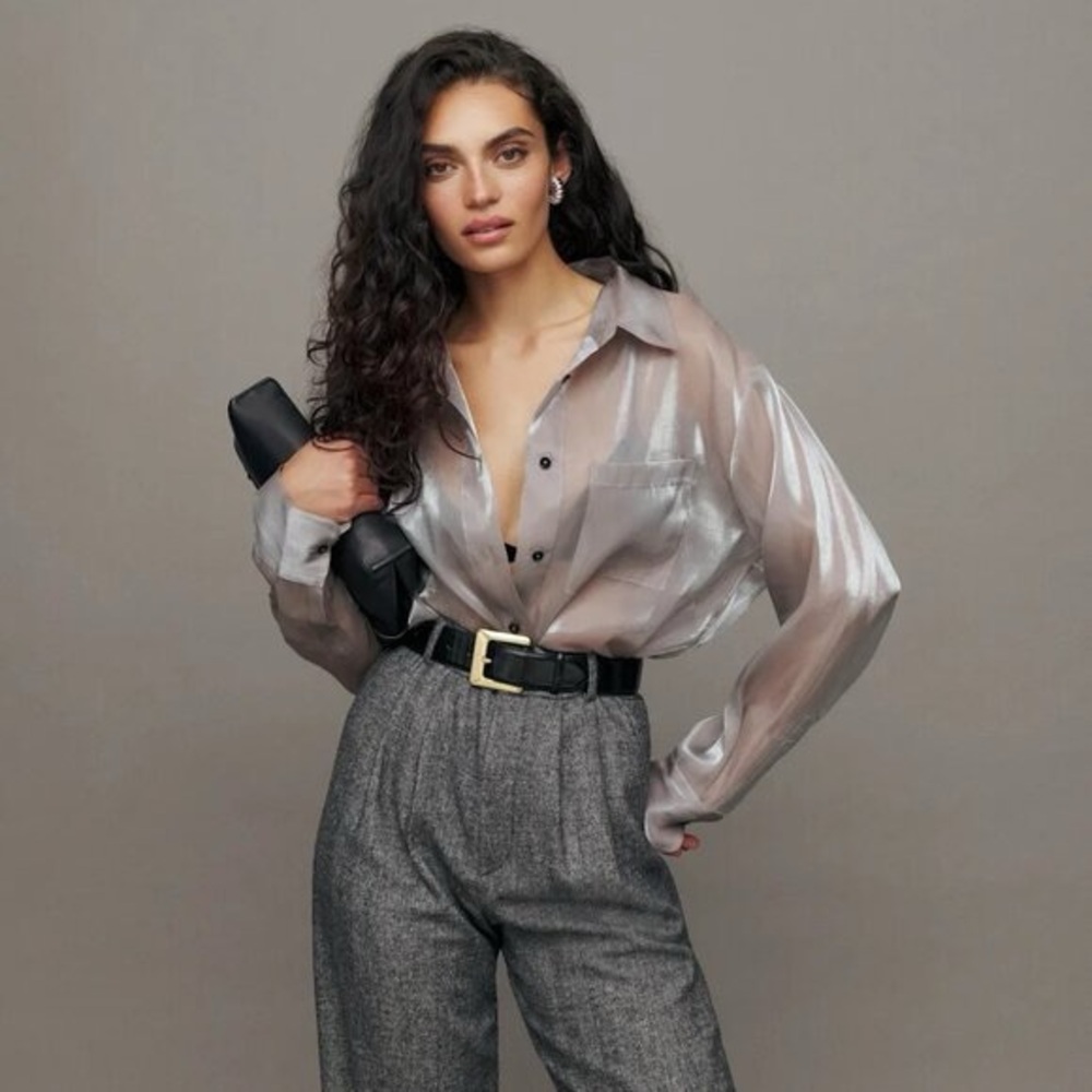 Reformation Silver Sheer Button Down Shirt